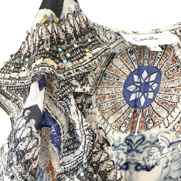 Vintage Camilla Silk Dress with Ruffles and Crystal Accents - Picture 5 of 6